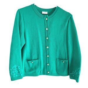 Vintage Cardigan Womens Medium Wool Green Knit Grandma Cottagecore 70s Germany
